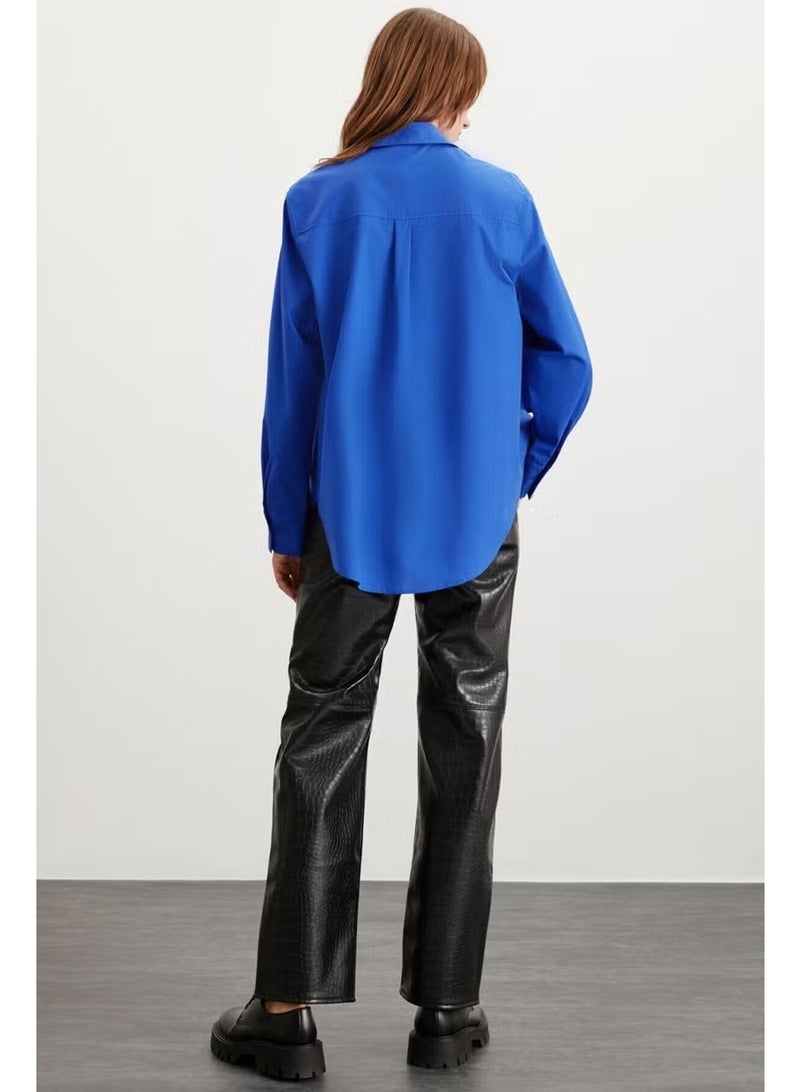 GRIMELANGE Celia Women's 100% Cotton Oversize Pattern Single Pocket Long Navy Blue Shirt - Image 1